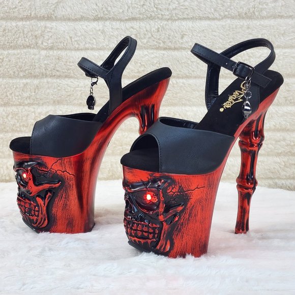 Pleaser Shoes - Red Brushed Chrome Skull & Bones Red LED Platform 8" High Heels Shoes Vortex